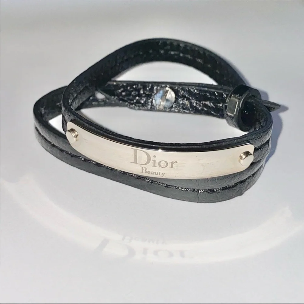 Dior Beauty Black Faux Leather Double Wrap Around Bracelet with Silver